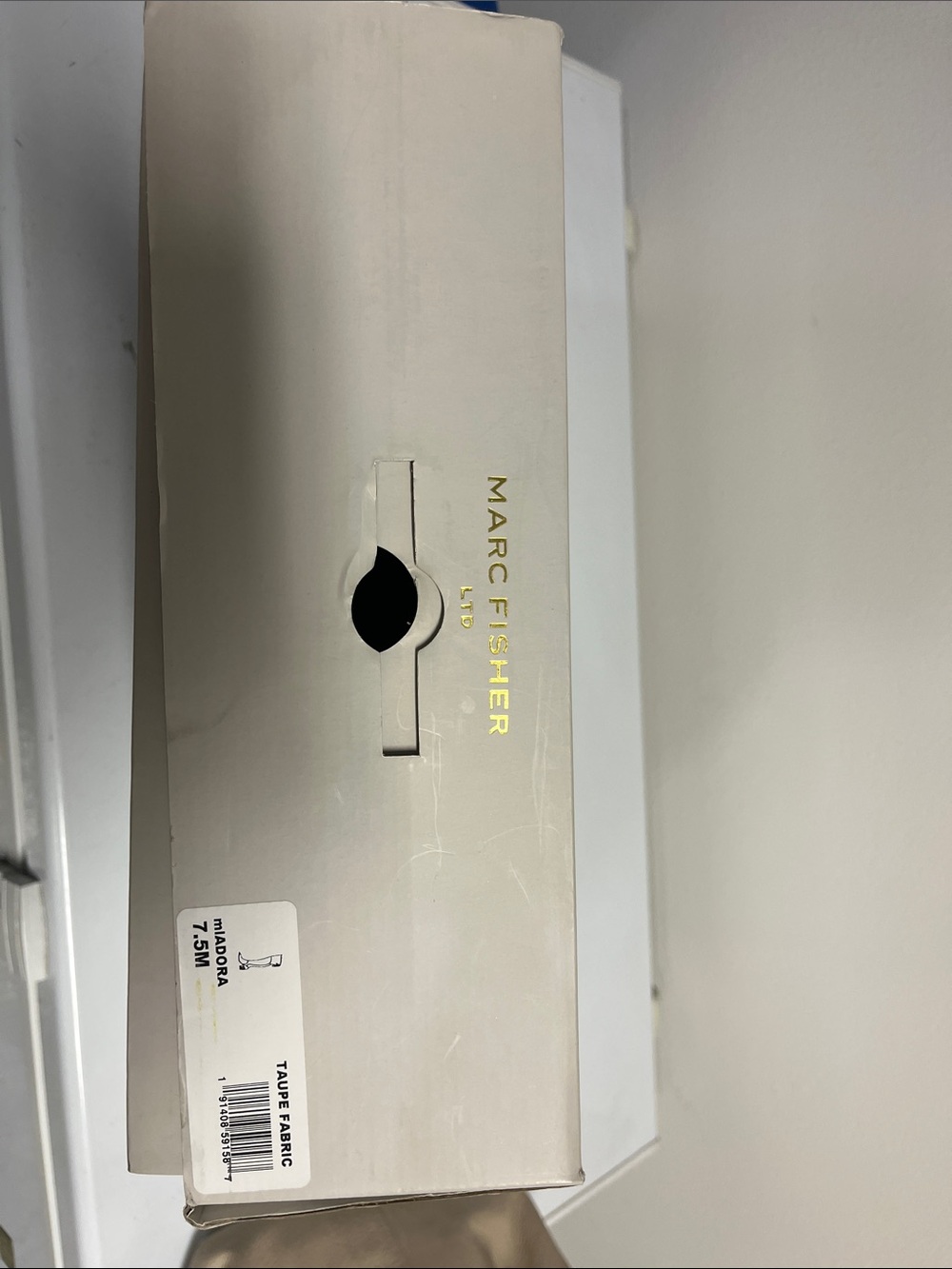 Marc Fisher taupe shoe box with gold logo